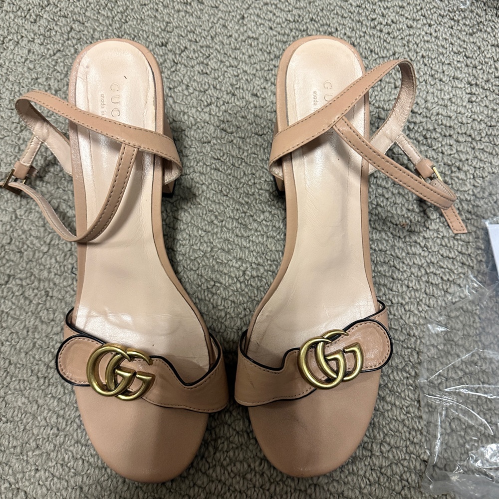 Tan gucci block heels sandals